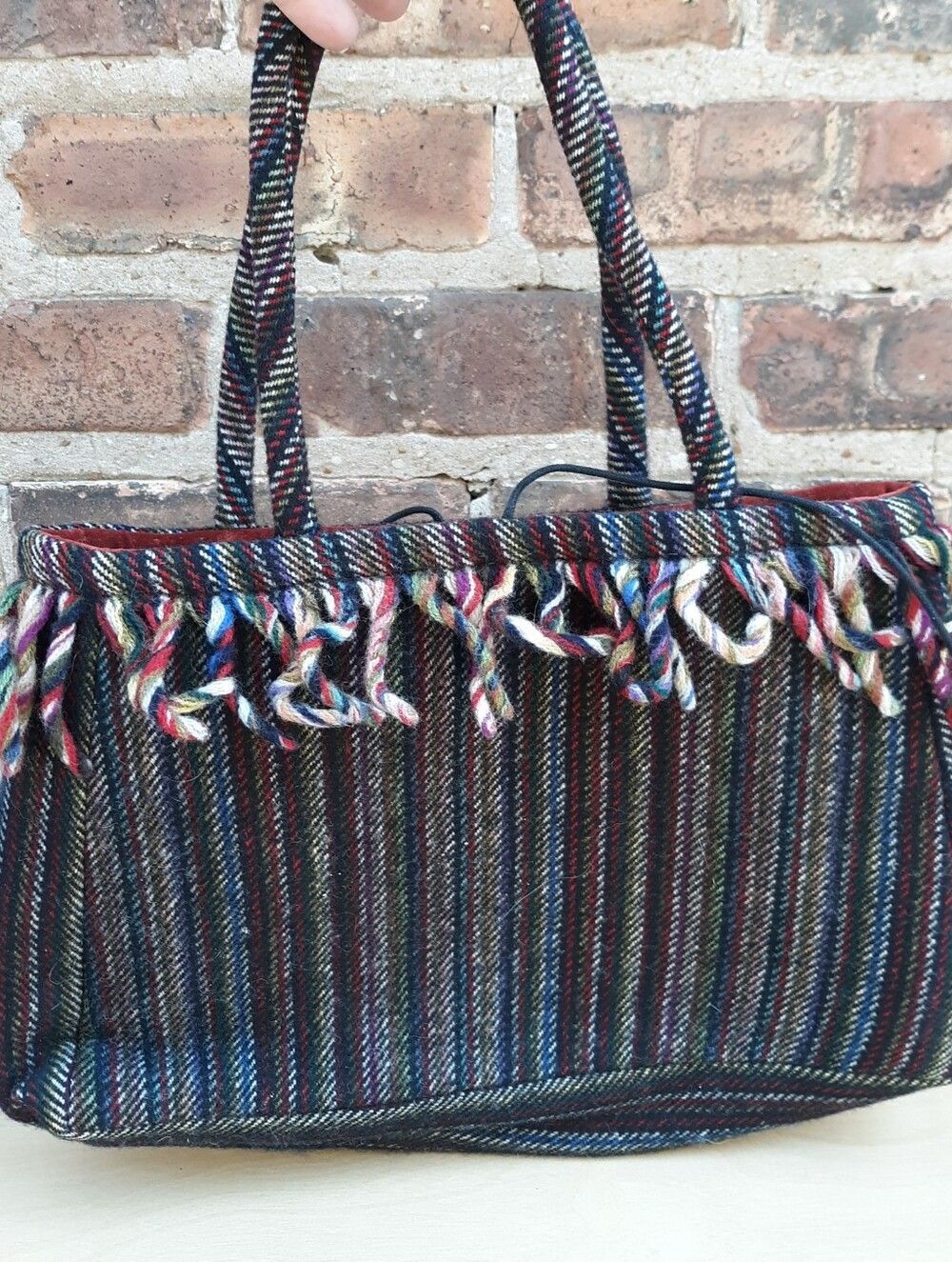 Angela Hope Irish Woven Wool Carpet Bag Tote Fringe Trim Velvet Lining Vintage